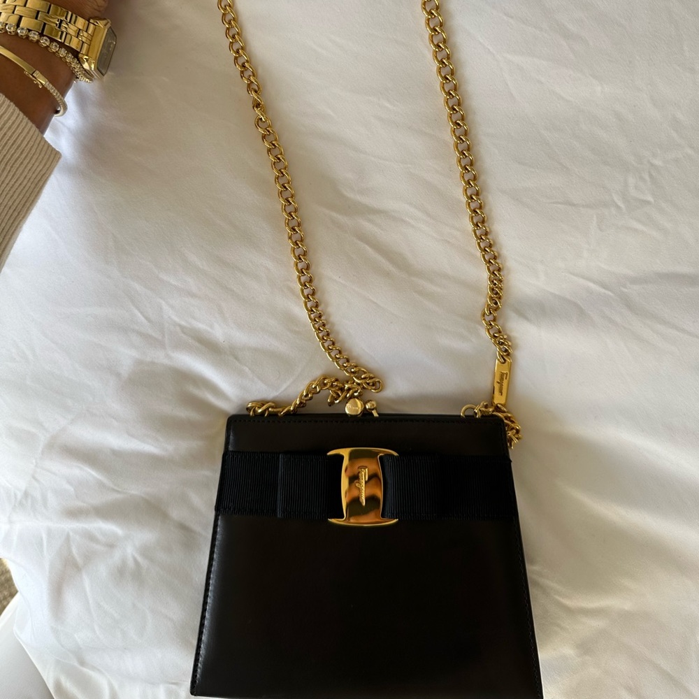 *SOLD*Authentic Salvatore Ferragamo Leather Black Bow Bag w/ Gold Chain - Picture 14 of 17